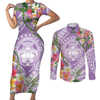 Aloha Hawaii Kauai Couples Matching Short Sleeve Bodycon Dress and Long Sleeve Button Shirt Frangipani Mix Mokihana Lei