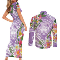 Aloha Hawaii Kauai Couples Matching Short Sleeve Bodycon Dress and Long Sleeve Button Shirt Frangipani Mix Mokihana Lei