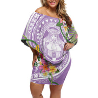 Aloha Hawaii Kauai Family Matching Off Shoulder Short Dress and Hawaiian Shirt Frangipani Mix Mokihana Lei