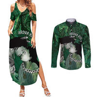 New Zealand Aroha Koe Mama Couples Matching Summer Maxi Dress and Long Sleeve Button Shirt Maori Hongi - Pounamu LT7 Green - Polynesian Pride