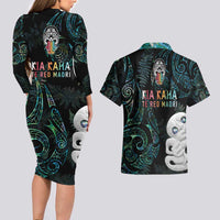 Kia Hara Te reo Maori Couples Matching Long Sleeve Bodycon Dress and Hawaiian Shirt Manaia Moko Mix Paua Shell