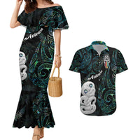 Kia Hara Te reo Maori Couples Matching Mermaid Dress and Hawaiian Shirt Manaia Moko Mix Paua Shell LT7 Green - Polynesian Pride
