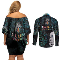 Kia Hara Te reo Maori Couples Matching Off Shoulder Short Dress and Long Sleeve Button Shirt Manaia Moko Mix Paua Shell