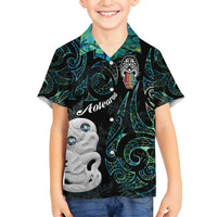 Kia Hara Te reo Maori Family Matching Long Sleeve Bodycon Dress and Hawaiian Shirt Manaia Moko Mix Paua Shell LT7 Son's Shirt Green - Polynesian Pride
