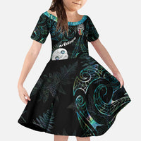 Kia Hara Te reo Maori Family Matching Short Sleeve Bodycon Dress and Hawaiian Shirt Manaia Moko Mix Paua Shell LT7 Daughter's Dress Green - Polynesian Pride