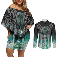 Aotearoa Maori Iwi Heritage Couples Matching Off Shoulder Short Dress and Long Sleeve Button Shirt Ngati Kahungunu Paua Shell Turquoise LT7 Green Blue - Polynesian Pride