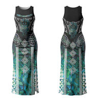 Aotearoa Maori Iwi Heritage Couples Matching Tank Maxi Dress and Long Sleeve Button Shirt Ngati Kahungunu Paua Shell Turquoise LT7 - Polynesian Pride