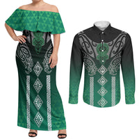 Aotearoa Maori Iwi Heritage Couples Matching Off Shoulder Maxi Dress and Long Sleeve Button Shirt Ngai Tahu Pounamu Green LT7 Jade Green - Polynesian Pride