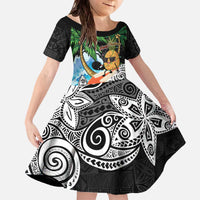 Tropical Christmas Polynesian Family Matching Off The Shoulder Long Sleeve Dress and Hawaiian Shirt Funny Surfing Pineapple LT7 Daughter's Dress Black - Polynesian Pride