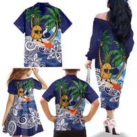Tropical Christmas Polynesian Family Matching Off The Shoulder Long Sleeve Dress and Hawaiian Shirt Funny Surfing Pineapple Blue LT7 - Polynesian Pride