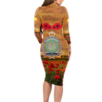Niue ANZAC Day Personalised Long Sleeve Bodycon Dress with Poppy Field LT9 - Polynesian Pride