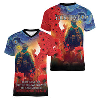 Tonga ANZAC Day Personalised Women V Neck T Shirt Soldier Te Tau Manatui Kinautolu with Poppy Field LT9 - Polynesian Pride