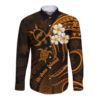 Hawaii Long Sleeve Button Shirt Niihau Islands Polynesian Sunset Plumeria Gold Vibe LT9 Unisex Gold - Polynesian Pride