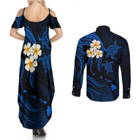 Hawaii Couples Summer Maxi Dress and Long Sleeve Button Shirts Molokai Islands Polynesian Sunset Plumeria Blue Vibe LT9 - Polynesian Pride