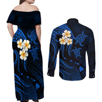 Hawaii Couples Off Shoulder Maxi Dress and Long Sleeve Button Shirts Molokai Islands Polynesian Sunset Plumeria Blue Vibe LT9 - Polynesian Pride