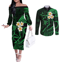 Hawaii Couples Off The Shoulder Long Sleeve Dress and Long Sleeve Button Shirts Molokai Islands Polynesian Sunset Plumeria Green Vibe LT9 Green - Polynesian Pride