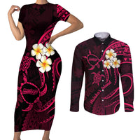 Hawaii Couples Short Sleeve Bodycon Dress and Long Sleeve Button Shirts Molokai Islands Polynesian Sunset Plumeria Pink Vibe LT9 Pink - Polynesian Pride