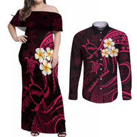 Hawaii Couples Off Shoulder Maxi Dress and Long Sleeve Button Shirts Molokai Islands Polynesian Sunset Plumeria Pink Vibe LT9 Pink - Polynesian Pride