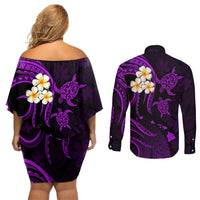 Polynesian Hawaii Couples Off Shoulder Short Dress and Long Sleeve Button Shirts Molokai Islands with Pacific Plumeria Purple Vibe LT9 - Polynesian Pride