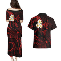 Polynesian Hawaii Couples Puletasi Dress and Hawaiian Shirt Molokai Islands with Pacific Plumeria Red Vibe LT9 - Polynesian Pride