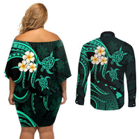 Polynesian Hawaii Couples Off Shoulder Short Dress and Long Sleeve Button Shirts Molokai Islands with Pacific Plumeria Turquoise Vibe LT9 - Polynesian Pride