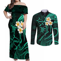 Polynesian Hawaii Couples Off Shoulder Maxi Dress and Long Sleeve Button Shirts Molokai Islands with Pacific Plumeria Turquoise Vibe LT9 Turquoise - Polynesian Pride