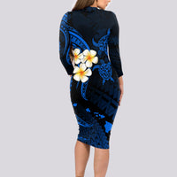 Hawaii Long Sleeve Bodycon Dress Lanai Islands Polynesian Sunset Plumeria Blue Vibe LT9 - Polynesian Pride