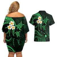 Hawaii Couples Off Shoulder Short Dress and Hawaiian Shirt Lanai Islands Polynesian Sunset Plumeria Green Vibe LT9 - Polynesian Pride