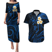 Hawaii Couples Puletasi Dress and Hawaiian Shirt Kauai Islands Polynesian Sunset Plumeria LT9 Blue - Polynesian Pride