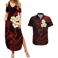 Polynesian Hawaii Couples Summer Maxi Dress and Hawaiian Shirt Kauai Islands with Pacific Plumeria Red Vibe LT9 Red - Polynesian Pride