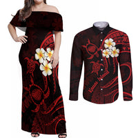 Polynesian Hawaii Couples Off Shoulder Maxi Dress and Long Sleeve Button Shirts Kauai Islands with Pacific Plumeria Red Vibe LT9 Red - Polynesian Pride
