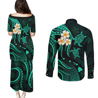 Polynesian Hawaii Couples Puletasi Dress and Long Sleeve Button Shirts Kauai Islands with Pacific Plumeria Turquoise Vibe LT9 - Polynesian Pride