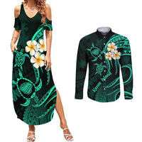 Polynesian Hawaii Couples Summer Maxi Dress and Long Sleeve Button Shirts Kauai Islands with Pacific Plumeria Turquoise Vibe LT9 Turquoise - Polynesian Pride