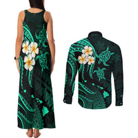 Polynesian Hawaii Couples Matching Tank Maxi Dress and Long Sleeve Button Shirts Kauai Islands with Pacific Plumeria Turquoise Vibe LT9 - Polynesian Pride