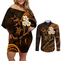 Hawaii Couples Off Shoulder Short Dress and Long Sleeve Button Shirts Kahoolawe Islands Polynesian Sunset Plumeria Gold Vibe LT9 Gold - Polynesian Pride