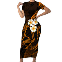 Hawaii Short Sleeve Bodycon Dress Kahoolawe Islands Polynesian Sunset Plumeria Gold Vibe LT9 Long Dress Gold - Polynesian Pride