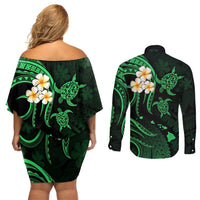 Hawaii Couples Off Shoulder Short Dress and Long Sleeve Button Shirts Kahoolawe Islands Polynesian Sunset Plumeria Green Vibe LT9 - Polynesian Pride