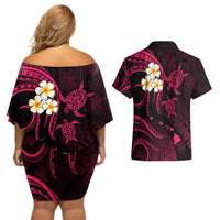 Hawaii Couples Off Shoulder Short Dress and Hawaiian Shirt Kahoolawe Islands Polynesian Sunset Plumeria Pink Vibe LT9 - Polynesian Pride