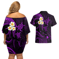 Polynesian Hawaii Couples Off Shoulder Short Dress and Hawaiian Shirt Kahoolawe Islands with Pacific Plumeria Purple Vibe LT9 - Polynesian Pride