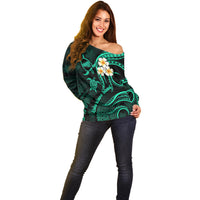 Polynesian Hawaii Off Shoulder Sweater Kahoolawe Islands with Pacific Plumeria Turquoise Vibe LT9 - Polynesian Pride