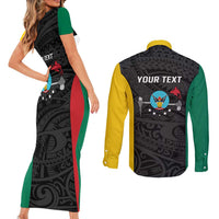 Personalised PNG Hela Province Couples Matching Short Sleeve Bodycon Dress and Long Sleeve Button Shirt Bird of Paradise Tattoo Flag Motif - Polynesian Pride