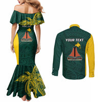 Personalised PNG Jiwaka Province Couples Matching Mermaid Dress and Long Sleeve Button Shirt Bird of Paradise Tattoo Flag Motif - Polynesian Pride