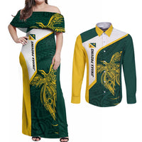 Personalised PNG Jiwaka Province Couples Matching Off Shoulder Maxi Dress and Long Sleeve Button Shirt Bird of Paradise Tattoo Flag Motif - Polynesian Pride