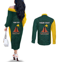 Personalised PNG Jiwaka Province Couples Matching Off The Shoulder Long Sleeve Dress and Long Sleeve Button Shirt Bird of Paradise Tattoo Flag Motif - Polynesian Pride