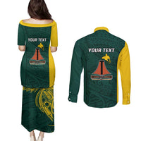 Personalised PNG Jiwaka Province Couples Matching Puletasi and Long Sleeve Button Shirt Bird of Paradise Tattoo Flag Motif - Polynesian Pride