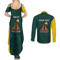 Personalised PNG Jiwaka Province Couples Matching Summer Maxi Dress and Long Sleeve Button Shirt Bird of Paradise Tattoo Flag Motif - Polynesian Pride