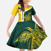 Personalised PNG Jiwaka Province Family Matching Long Sleeve Bodycon Dress and Hawaiian Shirt Bird of Paradise Tattoo Flag Motif LT9 Daughter's Dress Green - Polynesian Pride