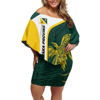 Personalised PNG Jiwaka Province Family Matching Off Shoulder Short Dress and Hawaiian Shirt Bird of Paradise Tattoo Flag Motif - Polynesian Pride