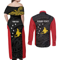 Personalised PNG Sandaun Province Couples Matching Off Shoulder Maxi Dress and Long Sleeve Button Shirt Bird of Paradise Tattoo Flag Motif - Polynesian Pride