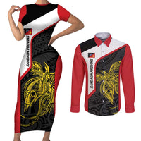 Personalised PNG Sandaun Province Couples Matching Short Sleeve Bodycon Dress and Long Sleeve Button Shirt Bird of Paradise Tattoo Flag Motif - Polynesian Pride